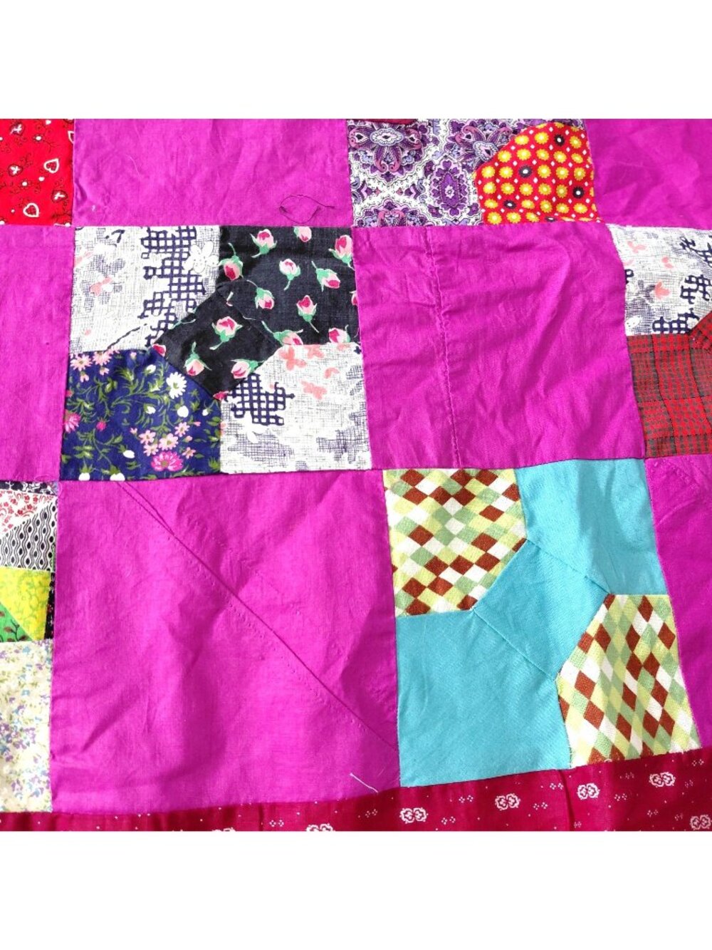 Handmade Patchwork Bow Tie Quilt Top ONLY 54x89 Pink Red Scrappy Multicolor